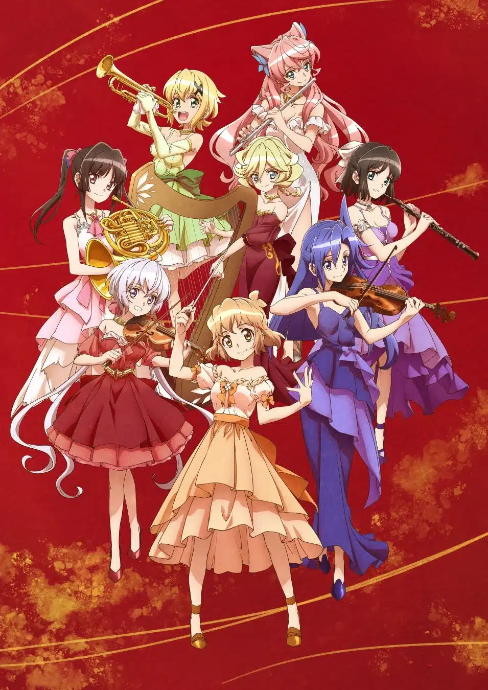様々な楽器を演奏するアニメスタイルの少女たちが描かれたイラストです。それぞれが異なる楽器を手に優雅なドレスをまとい、オーケストラを形成している様子が表現されています。背景は赤を基調とし、金色の曲線がデザインされています。
