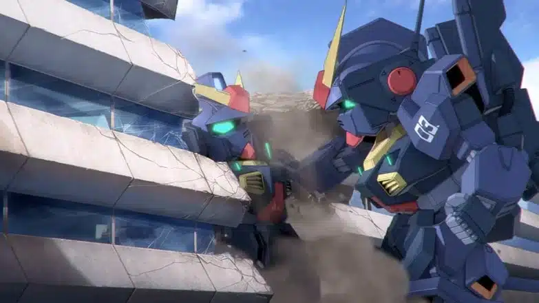 破壊された建物の前で、2体の大型ロボットが対峙しているアクションシーンです。アニメ調のメカデザインが特徴的で、激しい戦いの最中であることを示唆しています。