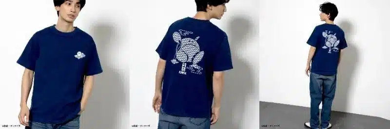 背面が鳥獣戯画風の蛙のイラストTシャツを着用した男性